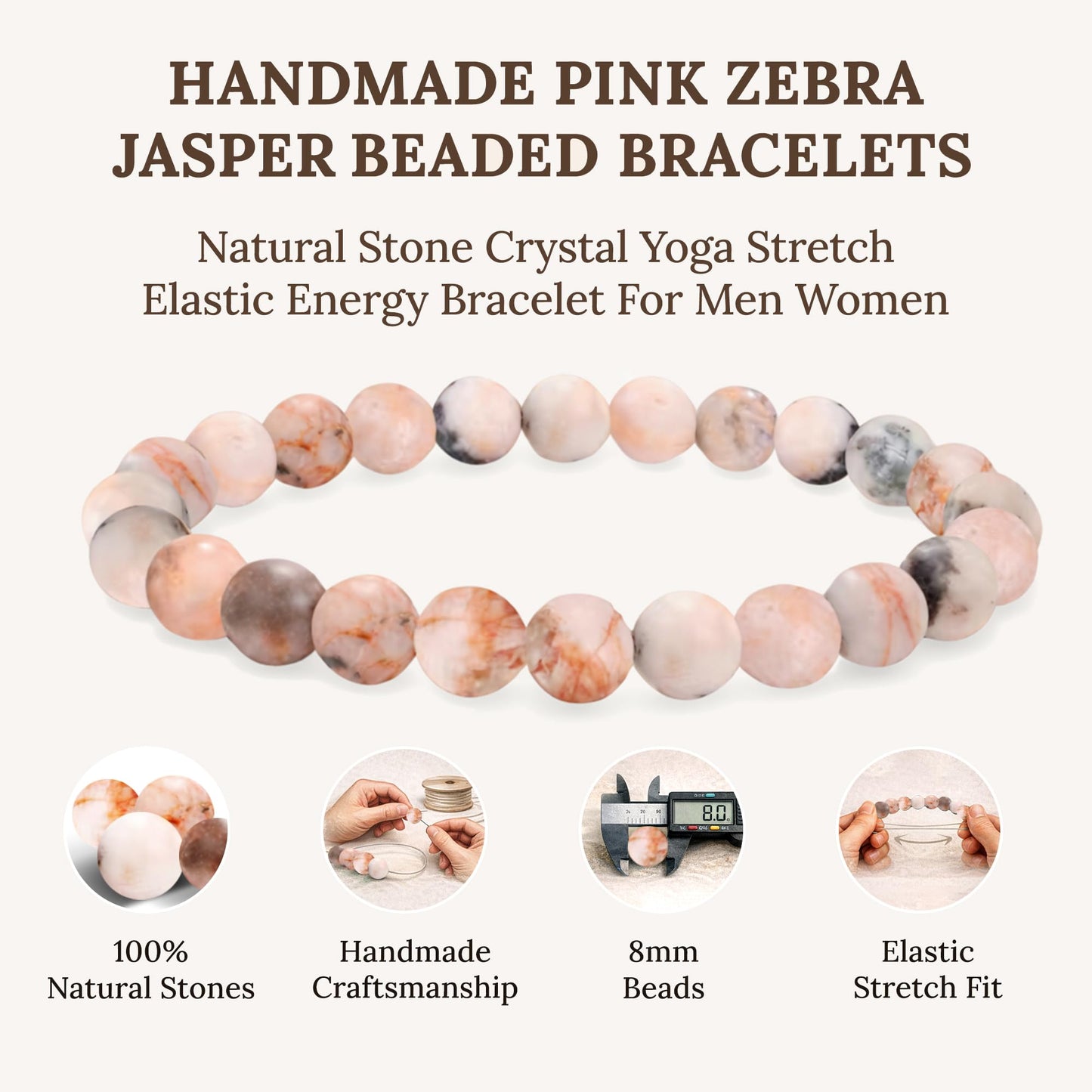 Elm City Direct 8mm Natural Stone Beaded Bracelet – Unisex Crystal Stretch Bracelets for Men & Women, Chakra & Healing Jewelry, Gift-Ready Beaded Bracelets (Pink Zebra Jasper, 8mm)