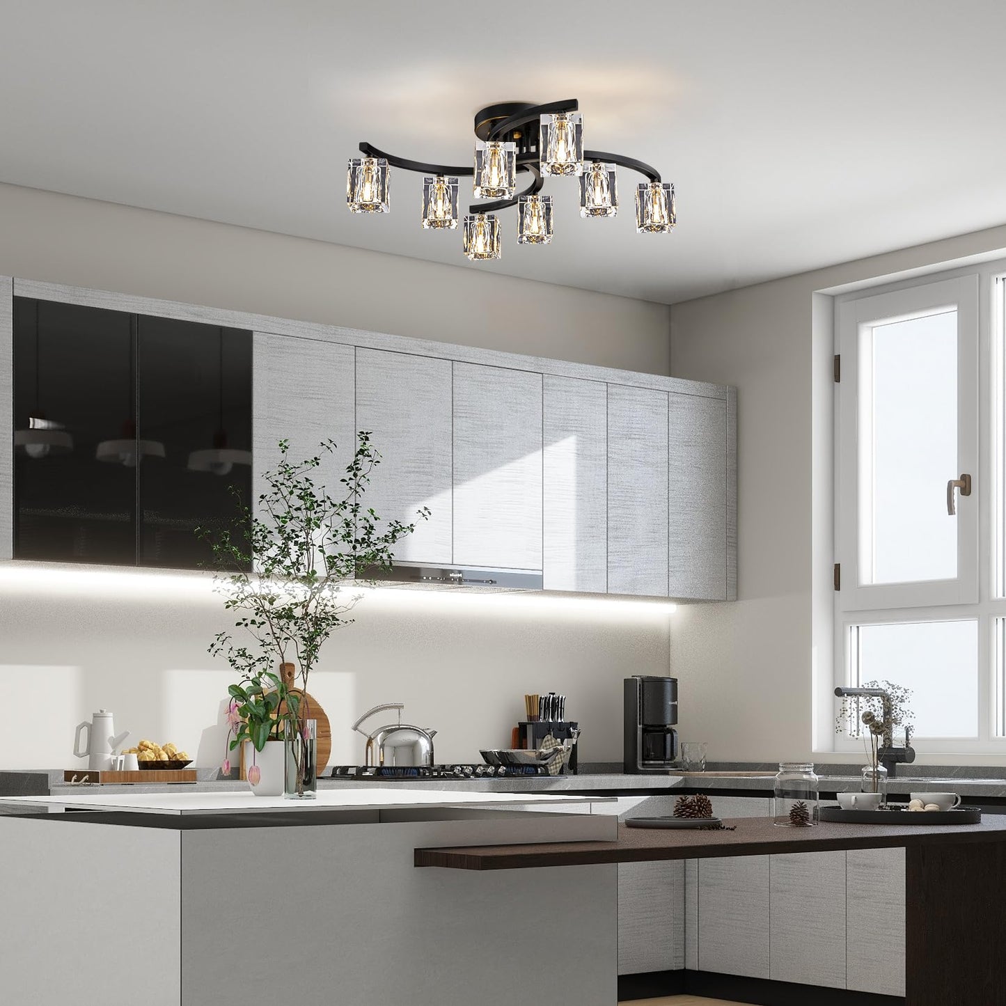 OKES 8-Light Semi Flush Mount Ceiling Light, Black and Gold Ceiling Fixture, Farmhouse Dining Room Light Fixture with K9 Crystal Shade, Modern Chandelier for Living Room,Bedroom,Entryway