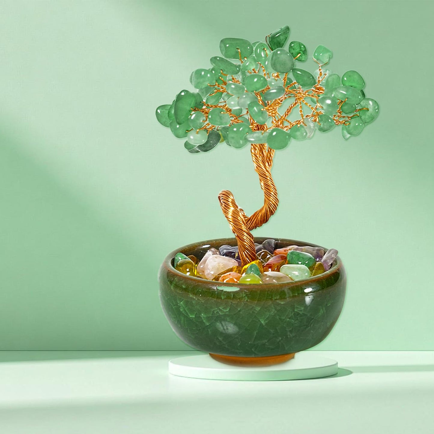 Green Aventurine Crystal Tree for Office Desk Home Room Decor, Crystal Tree of Life with Copper Wire, Ceramic Base, Meditation Gift for Women, Yoga, Birthday Gift