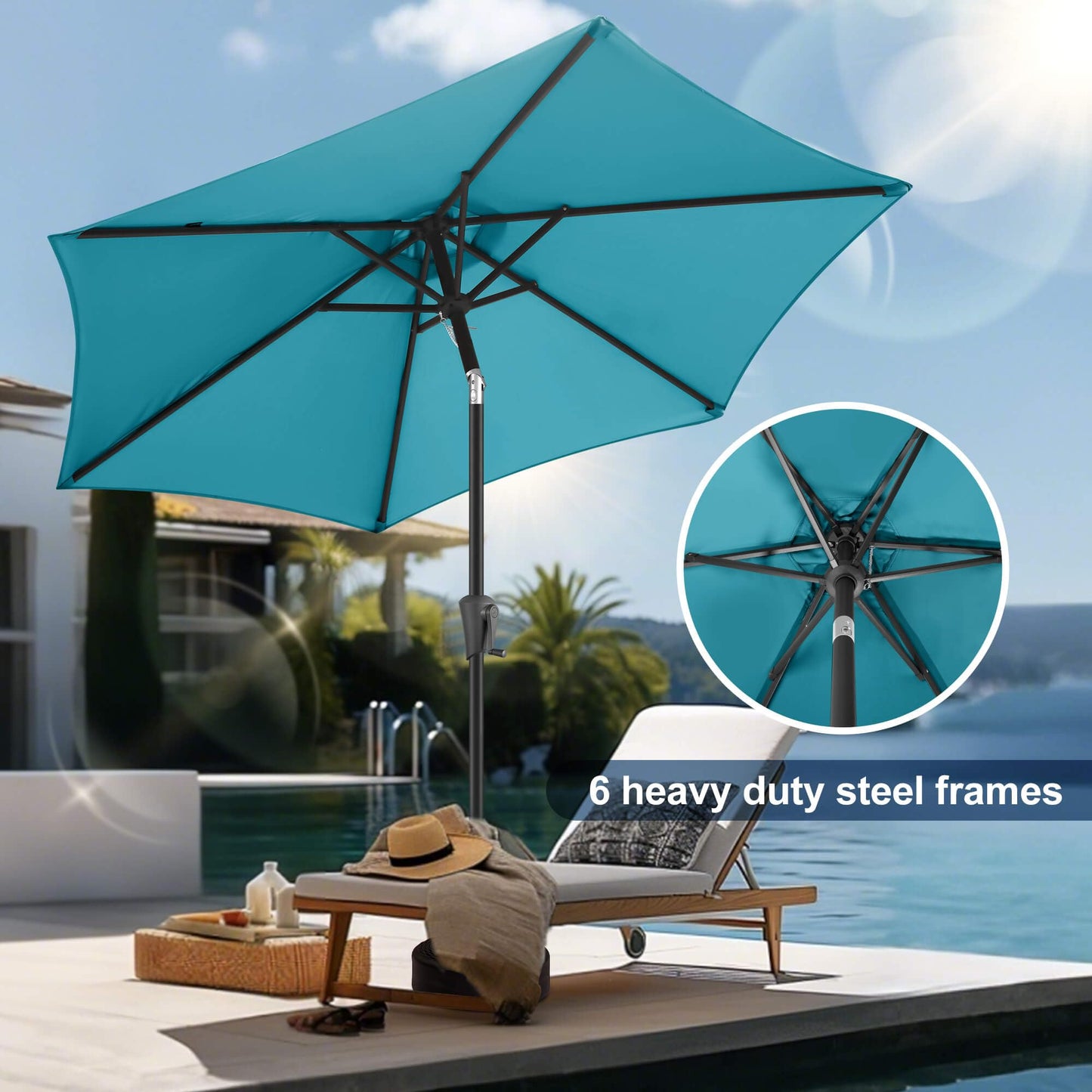 FLAME&SHADE 7.5ft Patio Umbrella - Outdoor Umbrella with Push Button Tilt and Crank for UV Protection, Table Market Umbrella for Garden, Deck, Backyard, Pool and Beach(Aqua Blue)