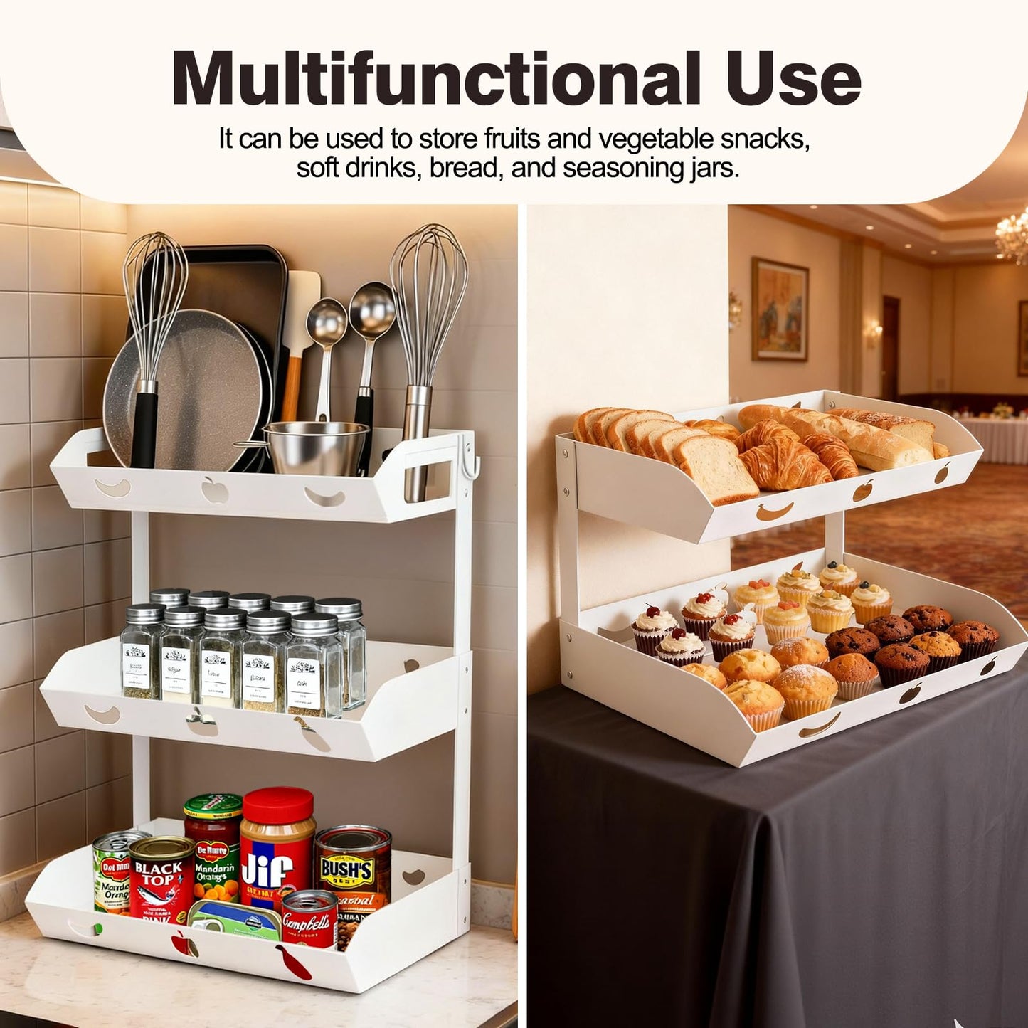 GOENDR Fruit Basket for Kitchen Counter – 3 Tier Metal Fruit Bowl with Banana Hanger, Convertible to 2 Tier, Large Capacity Countertop Organizer for Fruit Vegetables Bread Snack Produce Storage