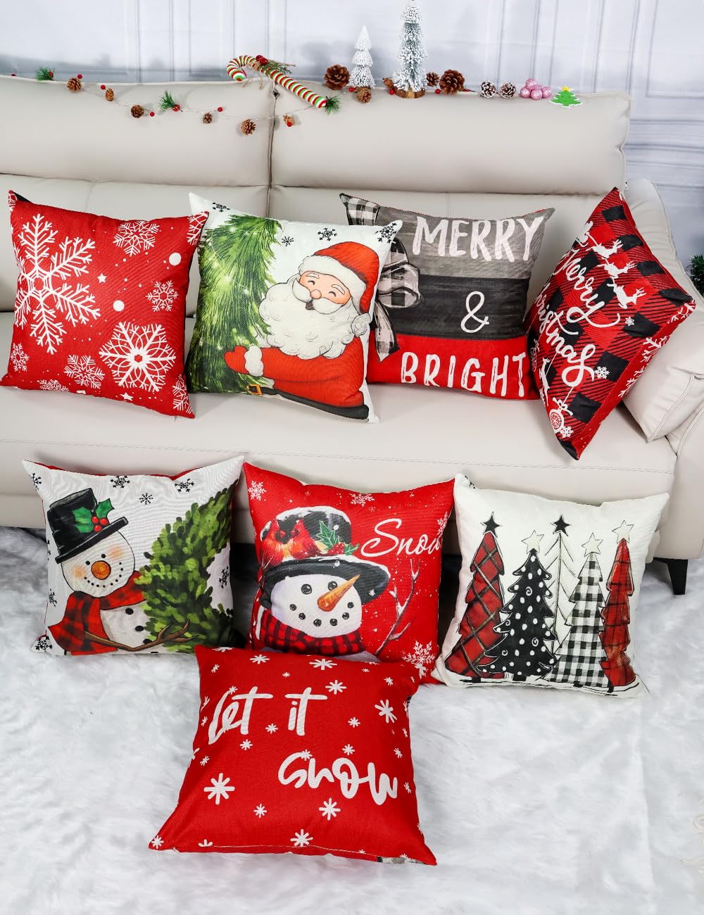 multiwins Christmas Decorations Set of 4 Double-Sided Print Christmas Pillow Covers 18" x 18", with 8 Cute Patterns, Throw Pillow Covers Perfect for Home Christmas Decor