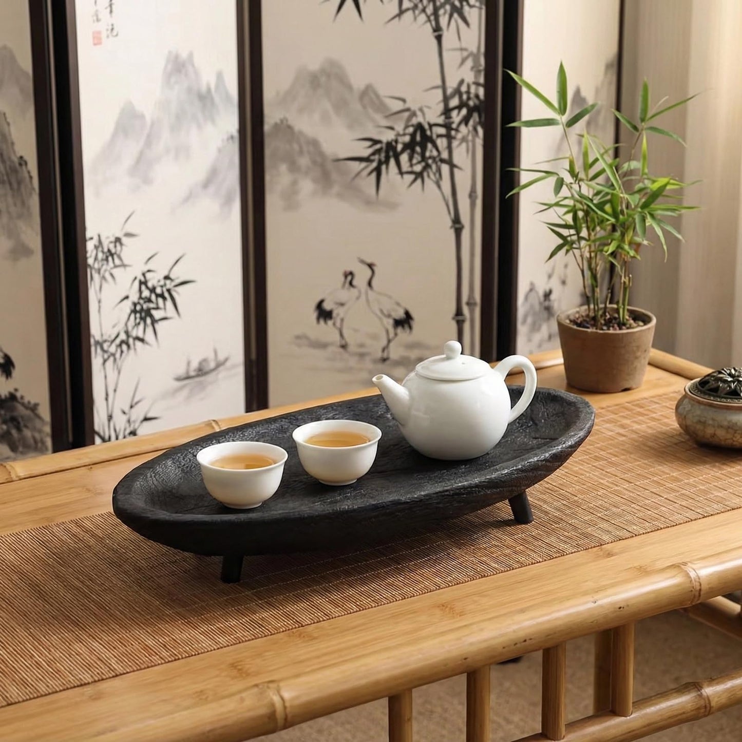 Wooden Tray with Key Bowl， 17.7 Inch Oval Decorative Tray for Coffee Table & Entryway， Black & Dark Brown Decorative Bowl (Black)