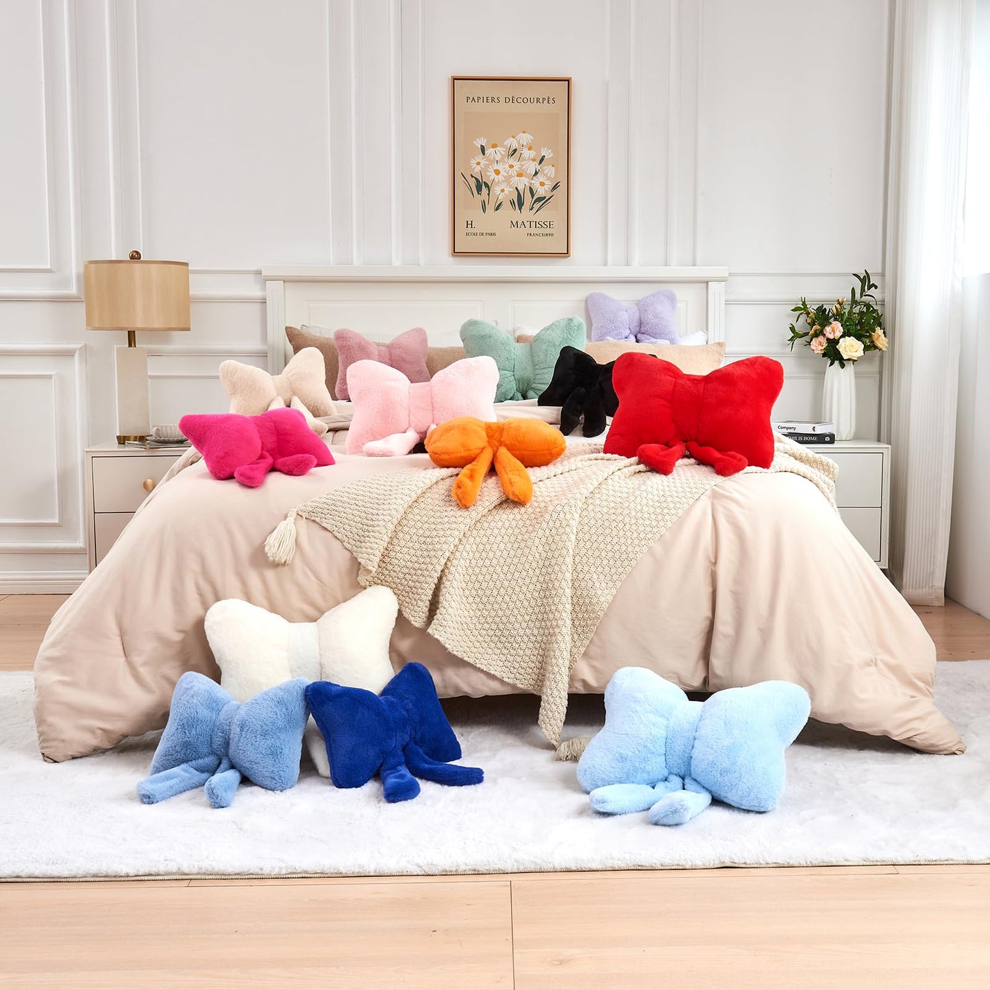 XVTRU Pink Bow Pillow, Soft Bow Decorative Pillows with Faux Rabbit Fur, Cute 12" Bow Throw Pillows, Aesthetic Home Decor Bow Shaped Plush Pillow for Bedroom Sofa Couch