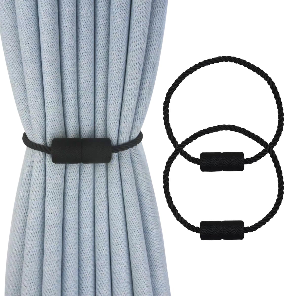 2 Pack Magnetic Curtain Tiebacks Modern Handmade Rope Curtain Tie Backs Decorative Drapes Holdbacks for Home Outdoor Bedroom Decorative Curtain (Black)