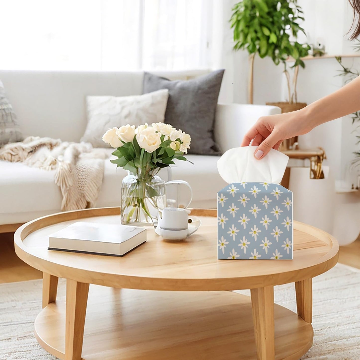 Flower Tissue Box Cover, Square Tissue Box Cover Leather Tissues Holder, Facial Paper Organizer Dispenser for Home Bathroom Office Bedroom Vanity Tabletop Decor -09