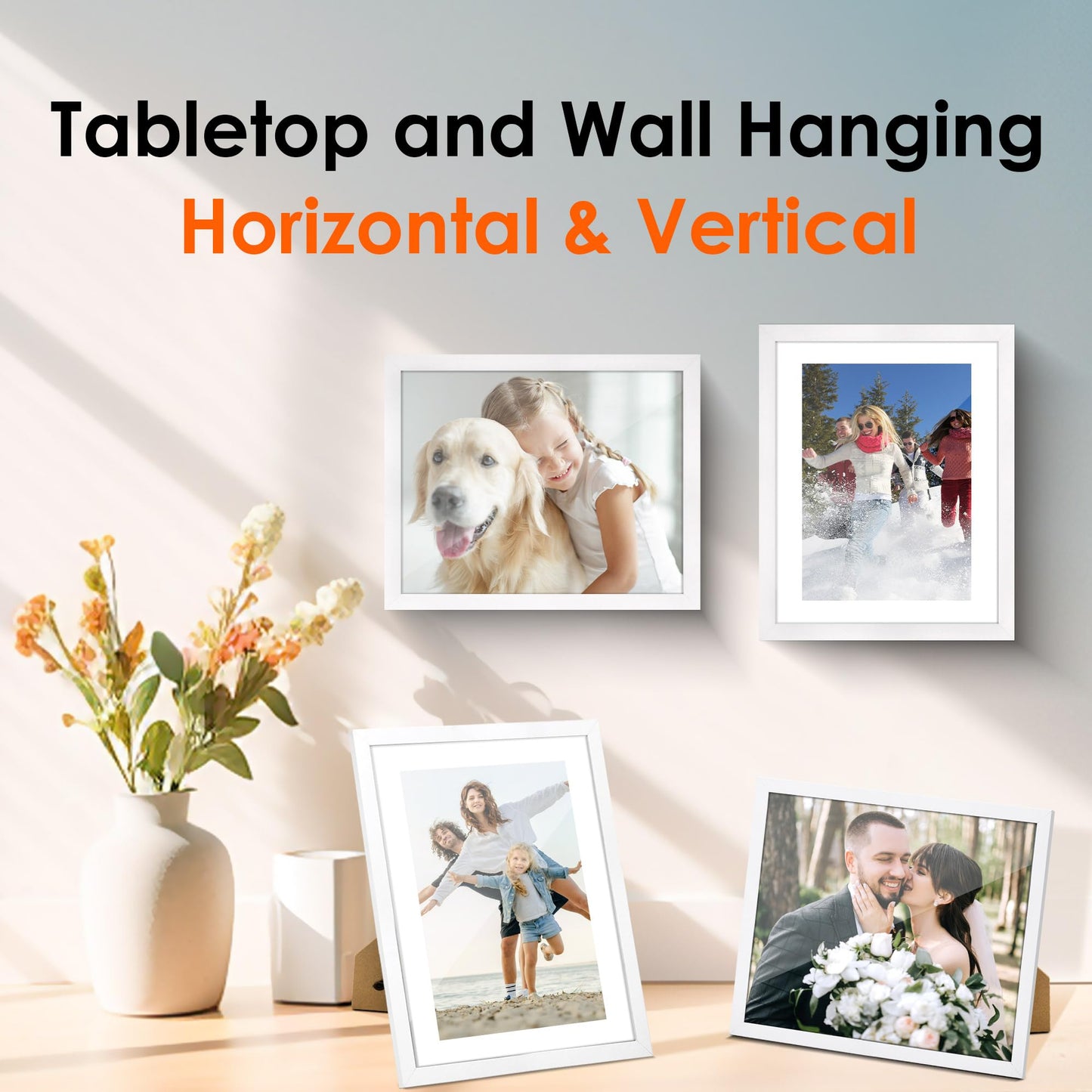 FIXSMITH 8x10 Picture Frame Set of 2, Photo Frame with HD Plexiglass, Display Pictures 5x7 with Mat or 8x10 Without Mat, White Picture Frames Collage for Tabletop or Wall Display
