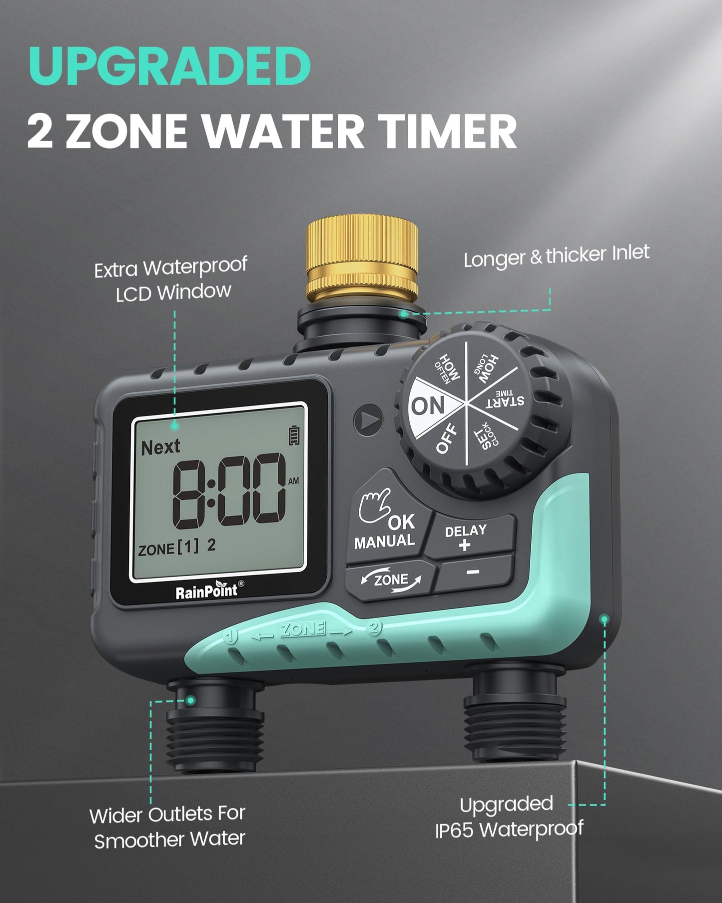RAINPOINT Sprinkler Timer 2 Outlet, Water Timer for Garden Hose, for Yard Outdoor Watering, Rain Delay/Manual/Automatic System Controller Brass Inlet, V2