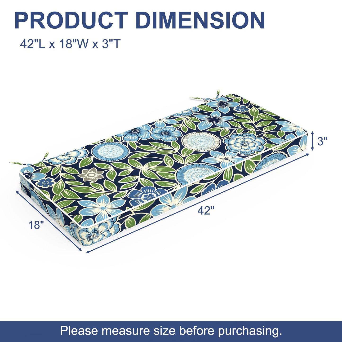 Melody Elephant Outdoor Bench Cushion 42x18x3 Inch, Patio Furniture Cushions, All-Weather Seat Chair Couch Pad, Garden Porch Loveseat Bench Cushion for Decoration, Azure Bloom