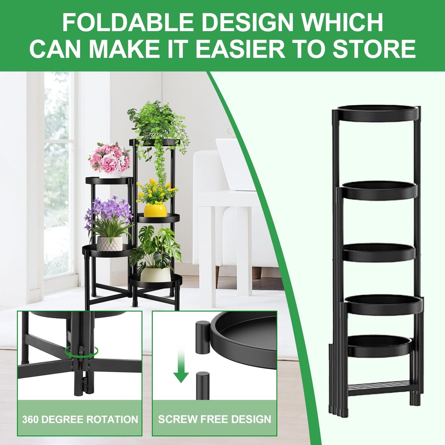 Atpddpey Plant Stand Indoor Outdoor 5 Tier Black Metal Plant Holder 31 in Tall 9 in Wide,Tiered Flower Pot Display Stand,Multiple Plant Stand for Living Room Corner Garden Patio Lawn Balcony