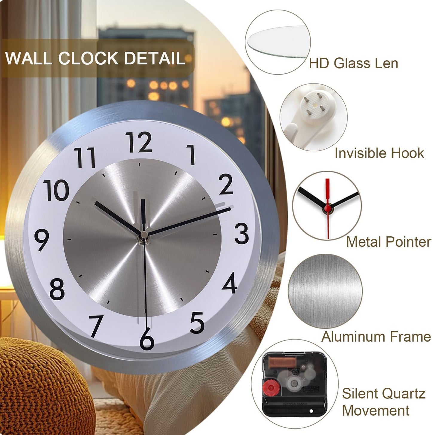 Fzy.bstim Non Ticking Silent Wall Clock Decorative,Analog Metal Wall Clock Battery Operated,Bedroom/Living Room/Office/Kitchen Clock,Sliver,10 inch