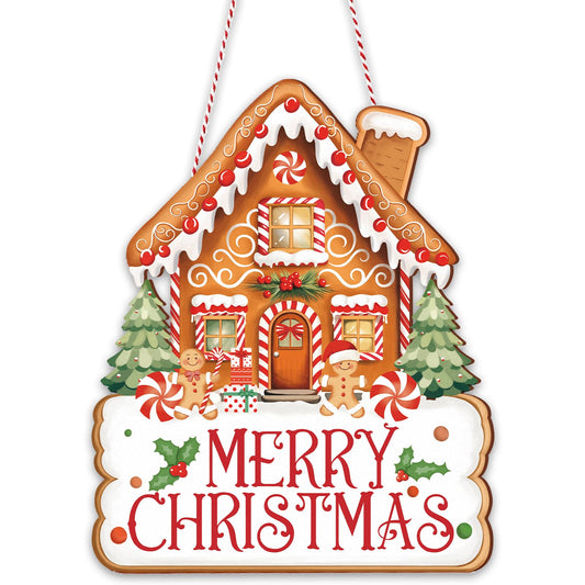 Whaline Merry Christmas Door Sign Outdoor Hanger Gingerbread House Wooden Front Door Hanging Sign with Rope for Xmas Winter Holiday Party Home Wall Porch Decorations