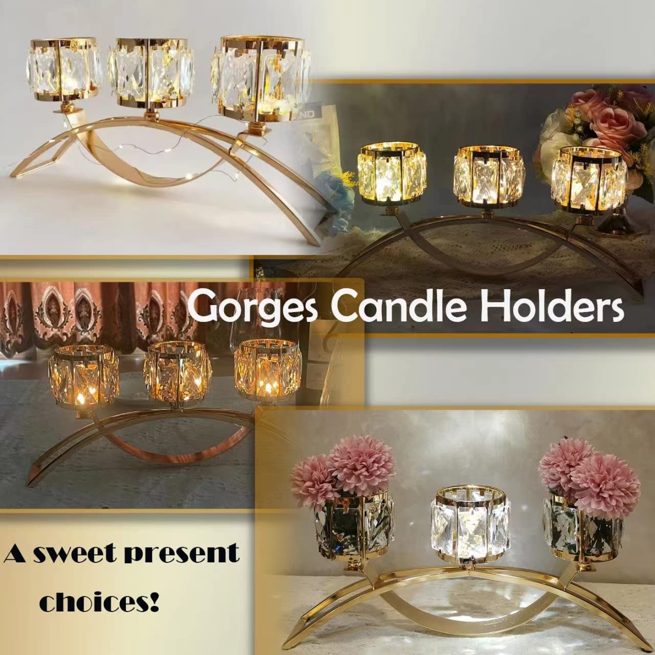 3 Arms Crystal Bowl Tealight Candelabra Votive Candle Stand, Candlestick Holders Wedding centerpieces for Tables Crystal Candlestick，Centerpiece Table Decorations (Gold)