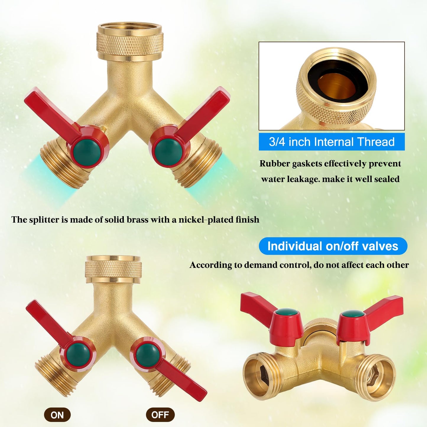 Brass Garden Hose Splitter, 2/3 Way Heavy Duty Outdoor Hose Splitter, 3/4" Hose Y Faucet Splitter with Leak Proof Tape and 2 Extra Rubber Gaskets for Regulating and Shutting Off Water Flow (2 WAY)