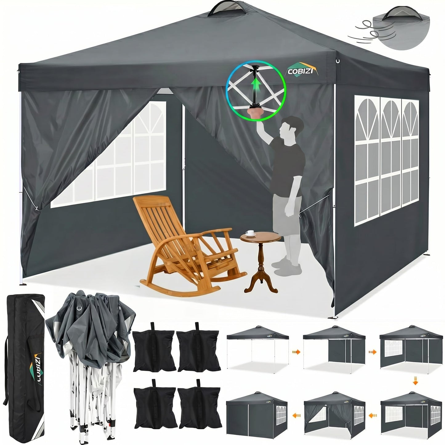 COBIZI 10x10 Pop Up Canopy Tent, One Push Outdoor Gazebo with 4 Removable Sidewalls & Air Vent, Waterproof Commercial Easy Up Adjustable Canopy with 4 Sandbags, 4 Stakes & 8 Ropes for Party,Grey