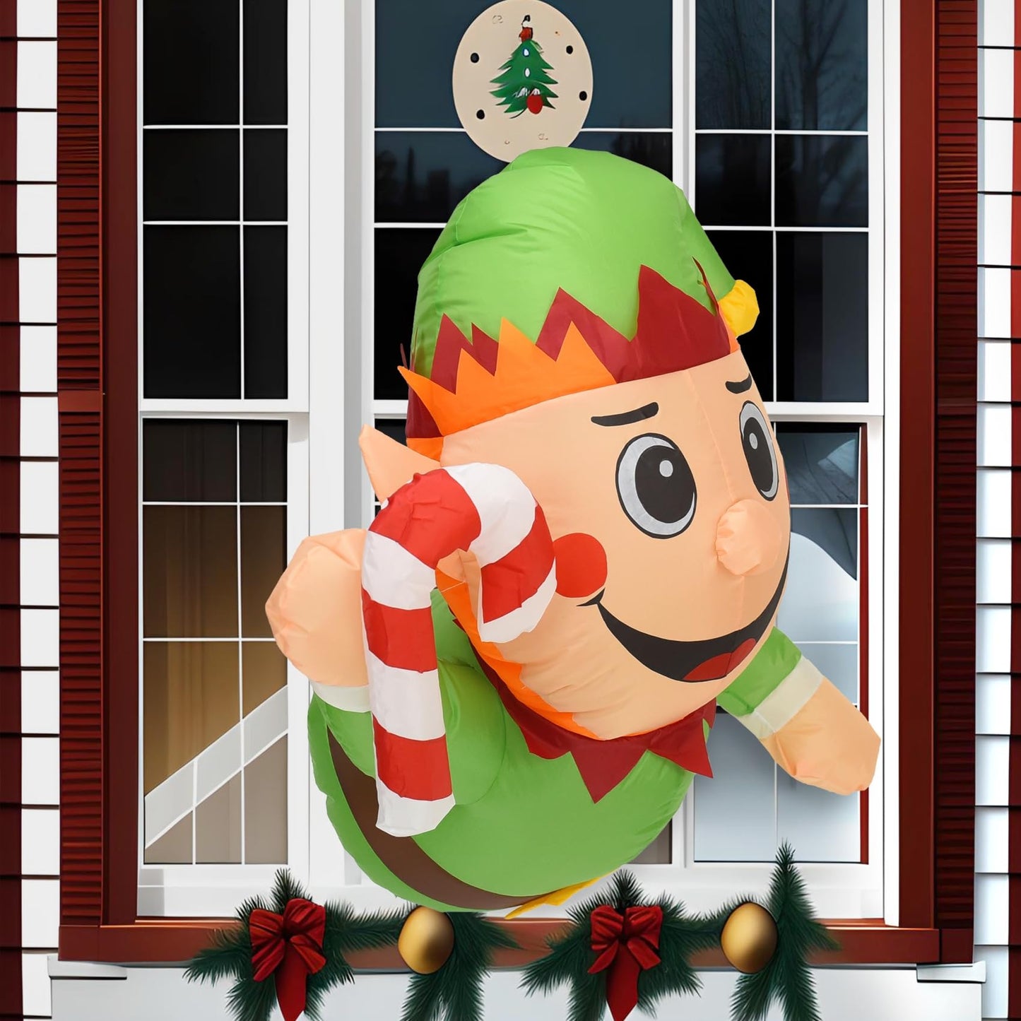 DearSun 3.0FT Christmas Inflatable Elf Boy with Build-in LED Lights Broke Out from Window, Blow up Christmas Inflatable Outdoor Indoor Decorations Cute Party Yard Decoration (Elf Boy Broke Window)