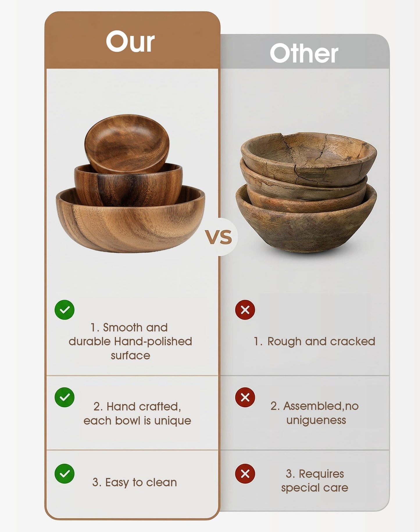GleeNflux Acacia Wood Salad Bowl Set, 3-Piece Natural Solid Wood Serving Bowls, Handcrafted & Hand-Polished, Wooden Salad Bowls for Kitchen & Dining for Pasta, Yogurt, Fruit, Snacks & Gift Giving