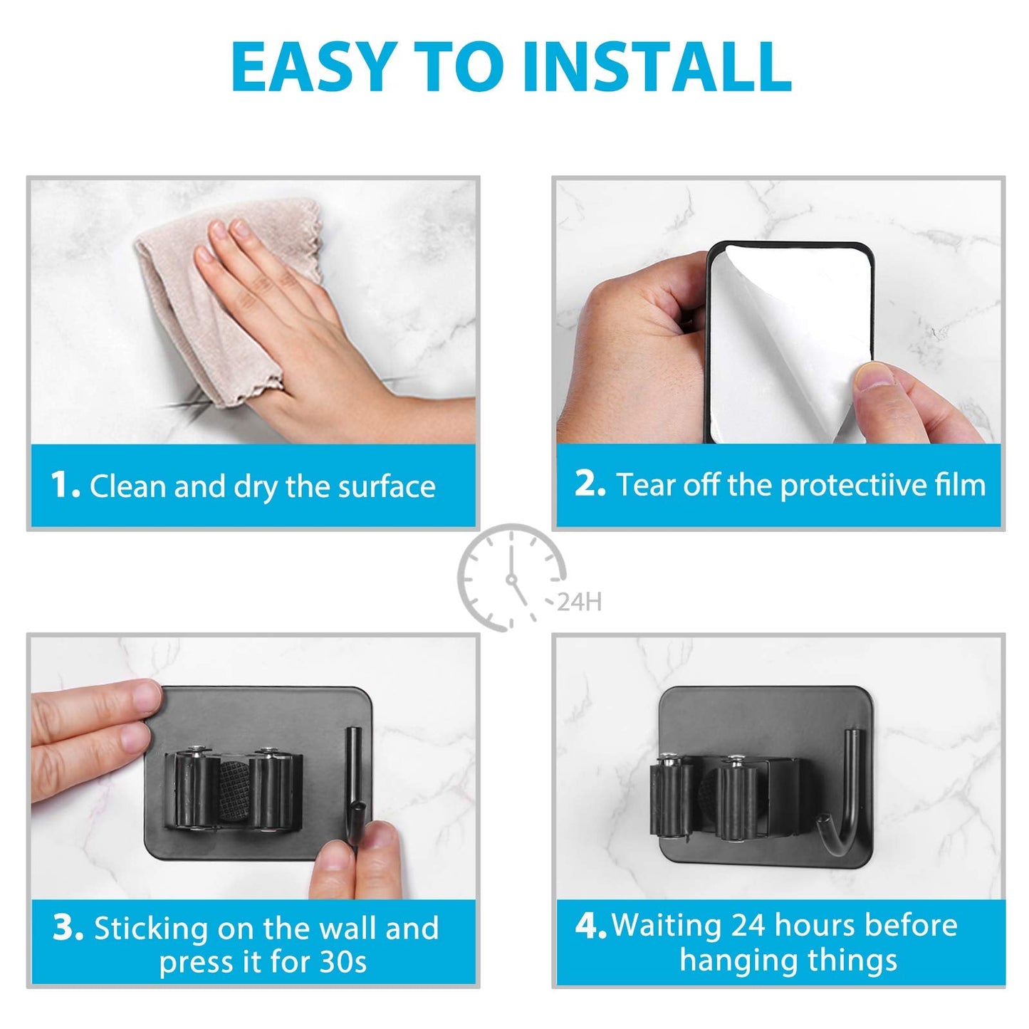homeasy Mop Broom Holder No Drill, Mop Broom Organizer Wall Mounted Heavy Duty with Hooks Hanger, Self Adhesive Stainless Steel 4Pcs for Bathroom, Kitchen, Office (Black)