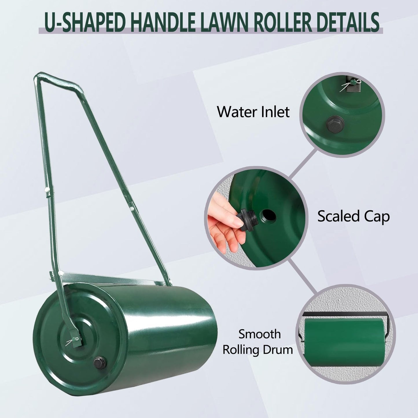 Garvee 9.5 Gallon Tow-Behind Lawn Roller | Water/Sand Fillable Garden Drum with u-Shape Handle | Heavy Duty Soil Leveler for Seeding, Sod, and Turf Maintenance