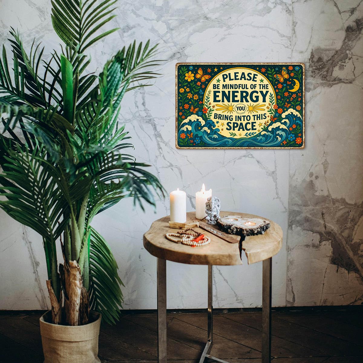 Please Be Mindful of the Energy You Bring Tin Sign – Spiritual Wall Decor for Home, Yoga Room, or Meditation Space – Retro Metal Wall Art Aesthetic, Positive Energy Tin Sign 8x12 Inch