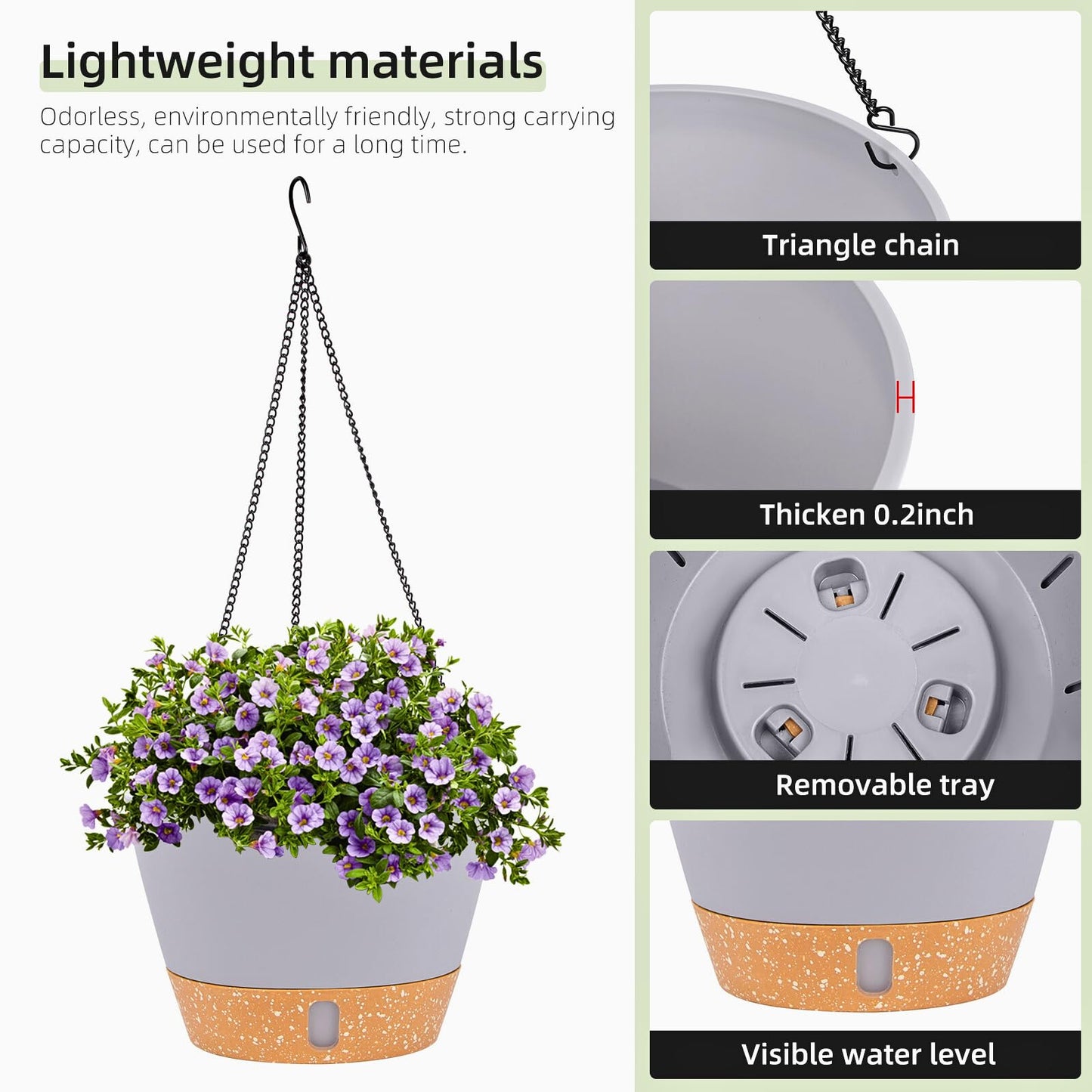 QCQHDU 2 Pack Hanging Planters for Indoor Outdoor Plants, 8 Inch Hanging Baskets Flower Pots with Reservoir Tray & Visible Water-Level