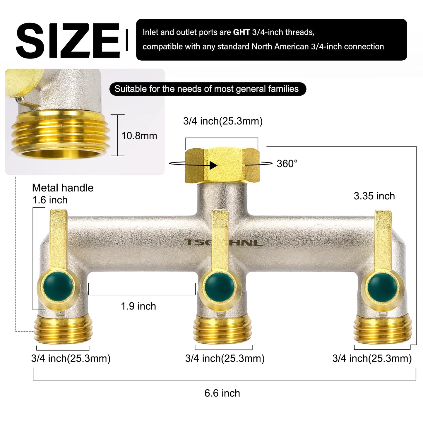 Garden Hose Splitter, 3-Way Faucet Diverter with 3 Extended Metal Handles, Outdoor Hose Splitter, Heavy Duty Brass Nickel Plated, GHT 3/4-Inch Heavy Duty Hex Female Inlet and 3/4-Inch Male Outlet