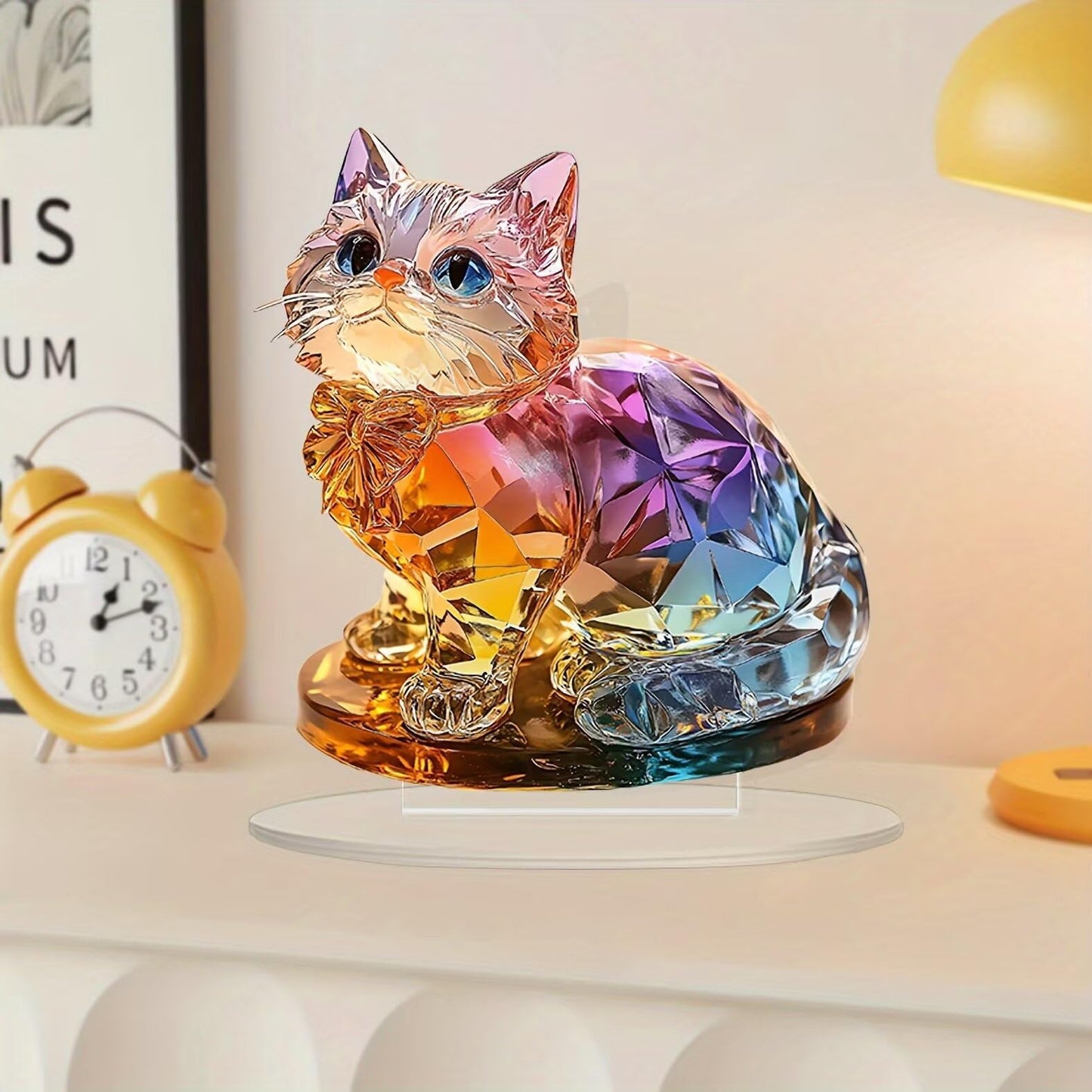 Rainbow Crystal Cat Figurine Acrylic Desktop Decoration, Suitable for Home Décor in Living Room or Office. Idea Gift Choice: Halloween, Christmas, Birthday, Anniversary, Valentine's Day, Celebrations