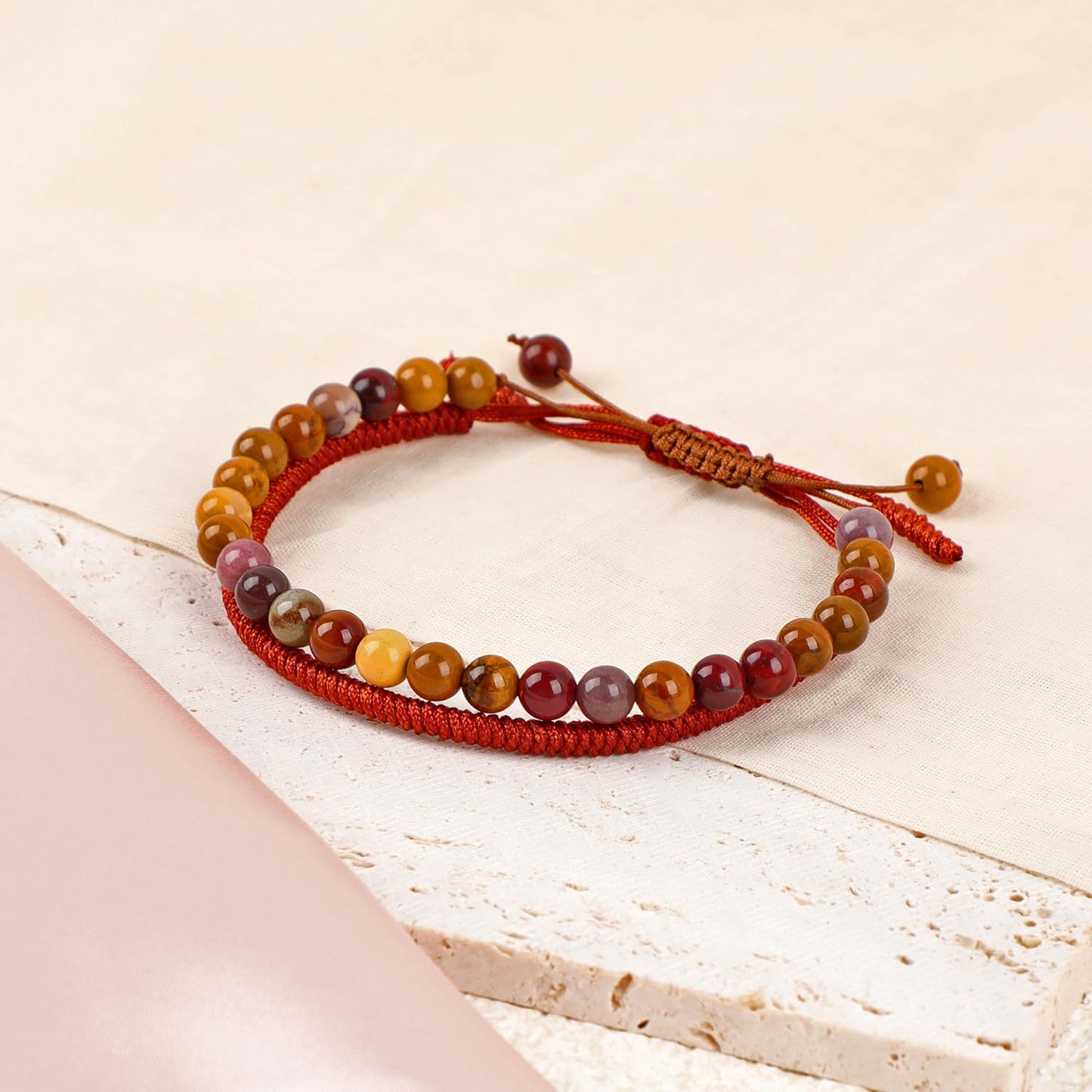 LPBeads 6mm Moukaite Jasper Bracelet with Handmade Rope Bracelet Size Adjustable Natural Stone Crystal Healing Bracelets Gifts for Unisex Adults