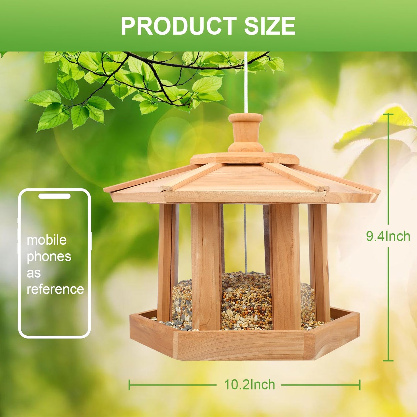 Liawm Wooden Bird Feeder for Outdoors Hanging, Red Cedar Hexagon Shaped Large Capacity, Cardinal Birdfeeder for Garden Decoration Yard, Weatherproof and Durable(Large)
