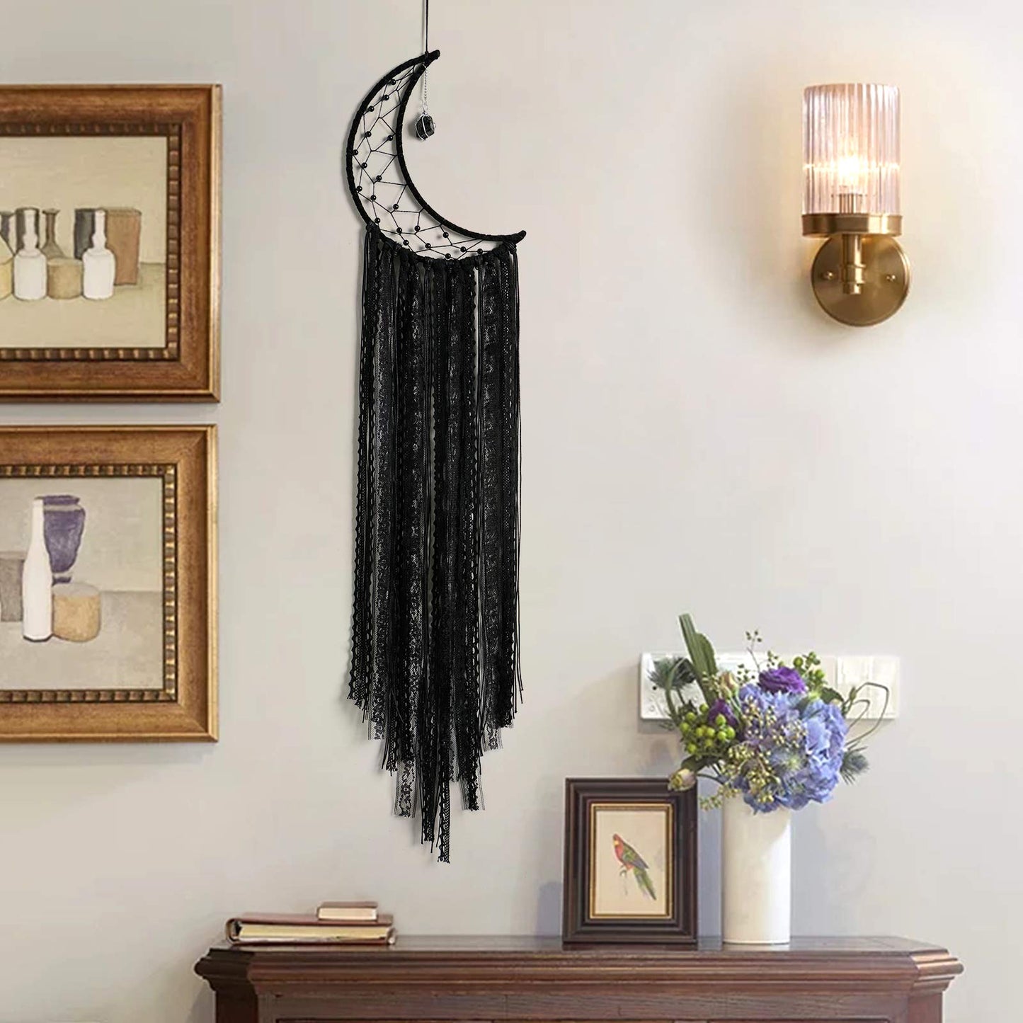 Dream Catcher Black Moon Dream Catchers with Crystal Stone, Handmade Gothic Wall Hanging, Witchy Woven Boho Decor for Bedroom Bohemian Home Decoration Ornament Craft Gift (Black)