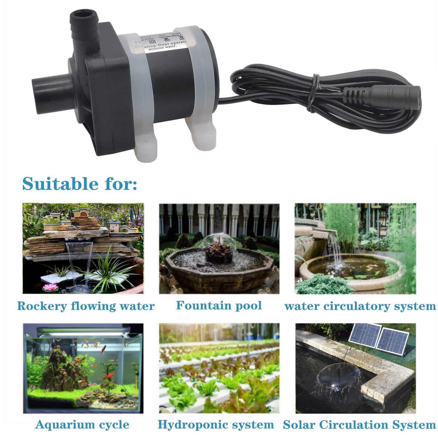 DC 12V submersible pump 210GPH 18W durable fountain water pump, head 5M with filter, suitable for pond fountain, hydroponics, aquarium fish tank, solar water circulation system