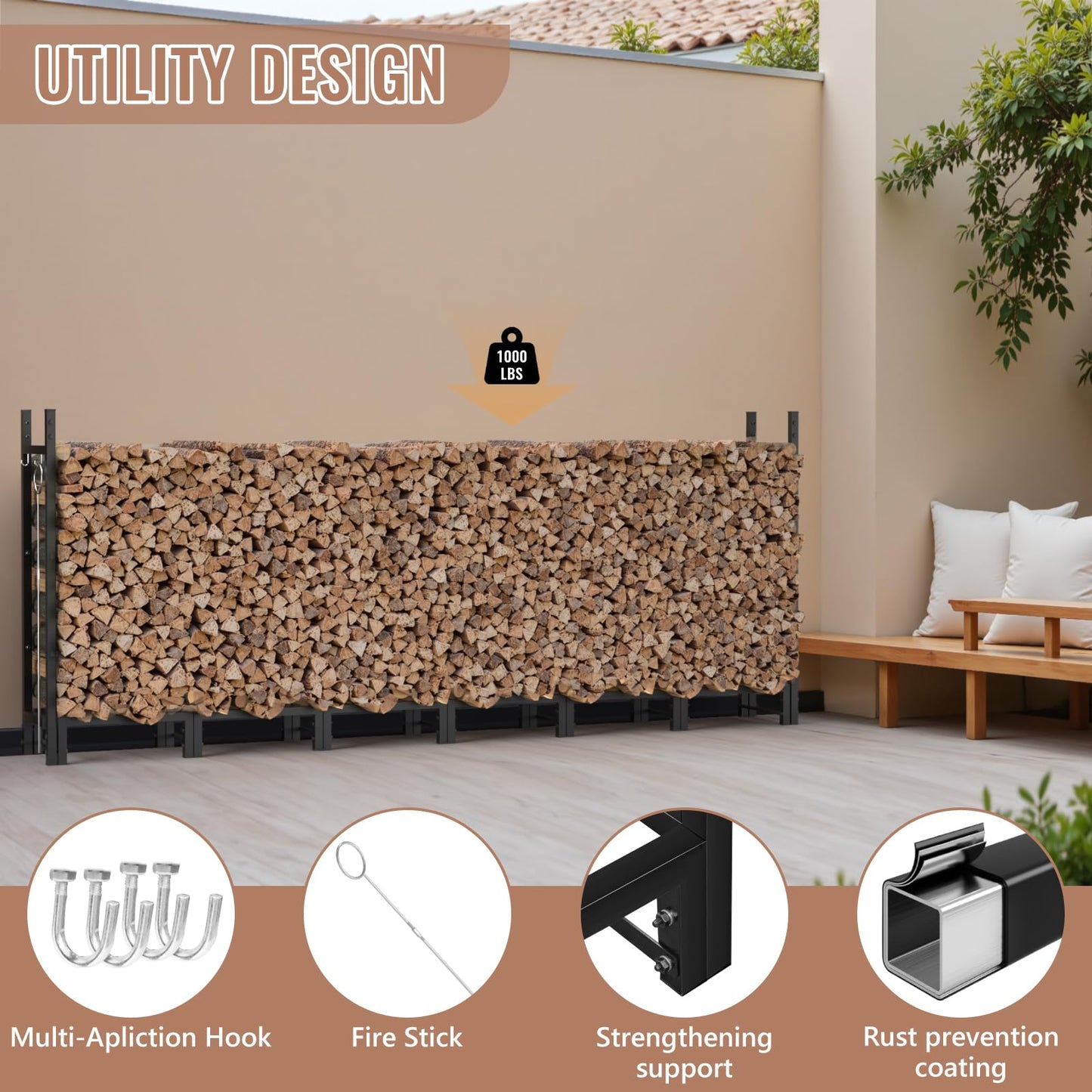 Benass 8FT Outdoor Firewood Rack, Heavy Duty Fire Log Stacker Stand for Wood Storage, Firewood Holder with Outdoor Indoor Firewood Carrier for Fireplace, Patio