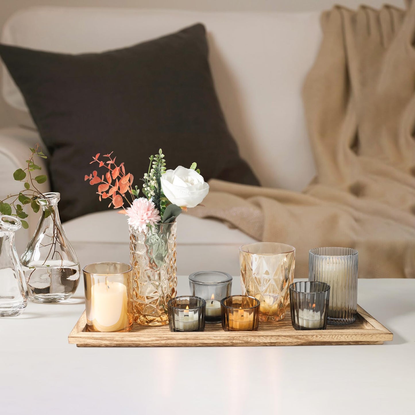 Rustic Wooden Tray with 8 Brown Glass Votive Candle Holders, Decorative Tea Light Holder Set for Mantel, Centerpiece, Dining Table Centerpiece Set, and Home Decor(Set of 8 Pieces)