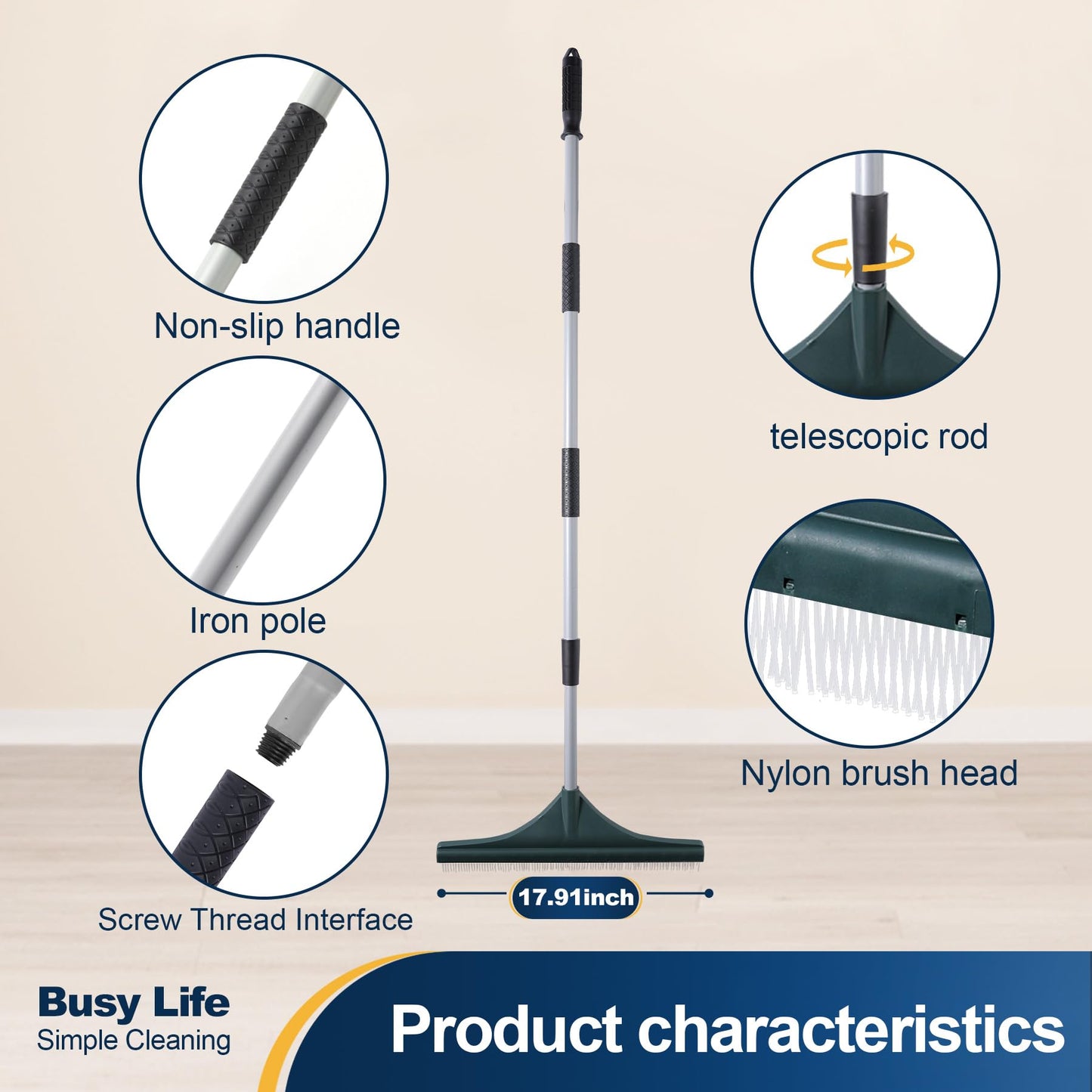 Yocada Artificial Turf Rake Grass Brush Broom Carpet Lawn Leaf Rake Cleaner Broom Telescopic Iron Pole for Yard Cleaning and Pet Hair Removal 56.69"