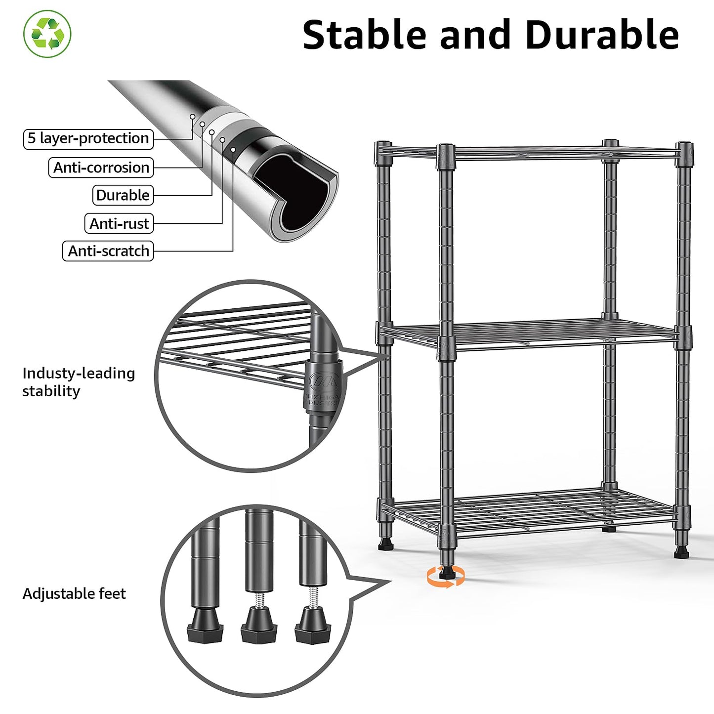 M MZG 450 lbs Steel Storage Shelving 3-Tier Utility Shelving Unit Steel Organizer Wire Rack for Home,Kitchen,Office (11.8" D x 17.7" W x 26.3" H)