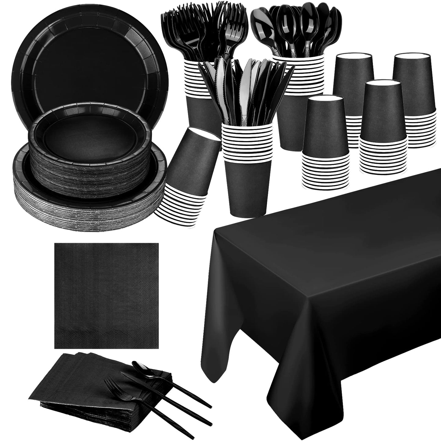 TWOWYHI 229PCS Black Party Supplies Set Paper Disposable Plates Cups Plastic Spoons Forks Knives Black Napkins for 30 Guests Disposable Party Dinnerware Sets for Wedding Birthday Parties