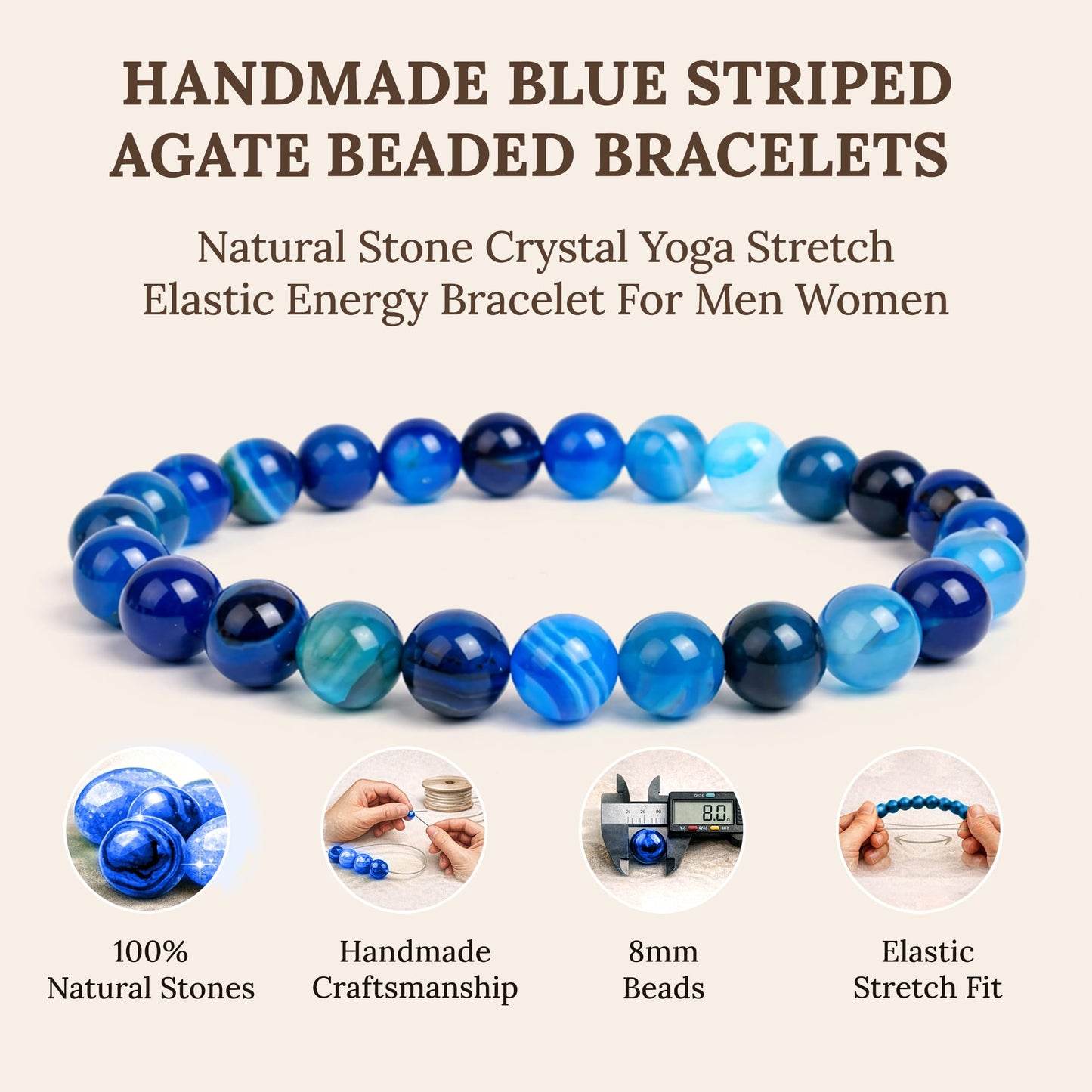 Elm City Direct 8mm Natural Stone Beaded Bracelet – Unisex Crystal Stretch Bracelets for Men & Women, Chakra & Healing Jewelry, Gift-Ready Beaded Bracelets (Blue Striped Agate, 8mm)