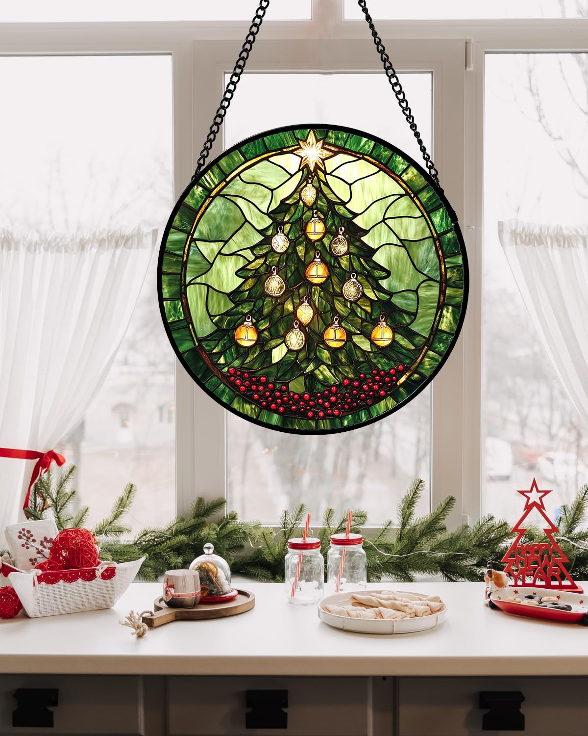 DASTOLL Stained Glass Window Hanging - Green Christmas Tree Golden Bells Suncatcher for Doors Home Christmas Decoration Sun Catcher Thanksgiving New Year Birthday Gift for Women Men Mom Nana 7.8 in