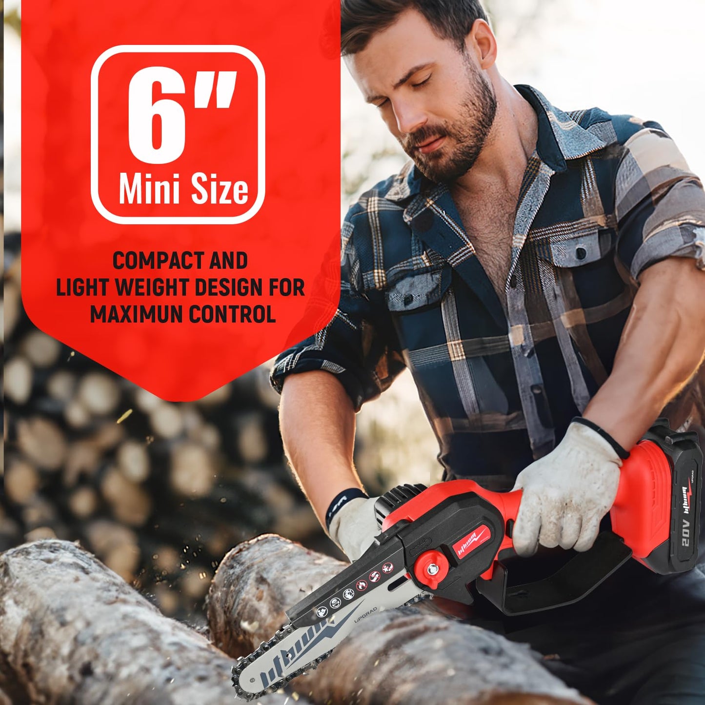 Mini Chainsaw Cordless, 6 Inch Portable Electric Chainsaw, One-Hand Handheld Small Chain Saw for Cutting Wood Trimming and Woodworking- Mini Chain Saw Battery Powered with 2 Batteries