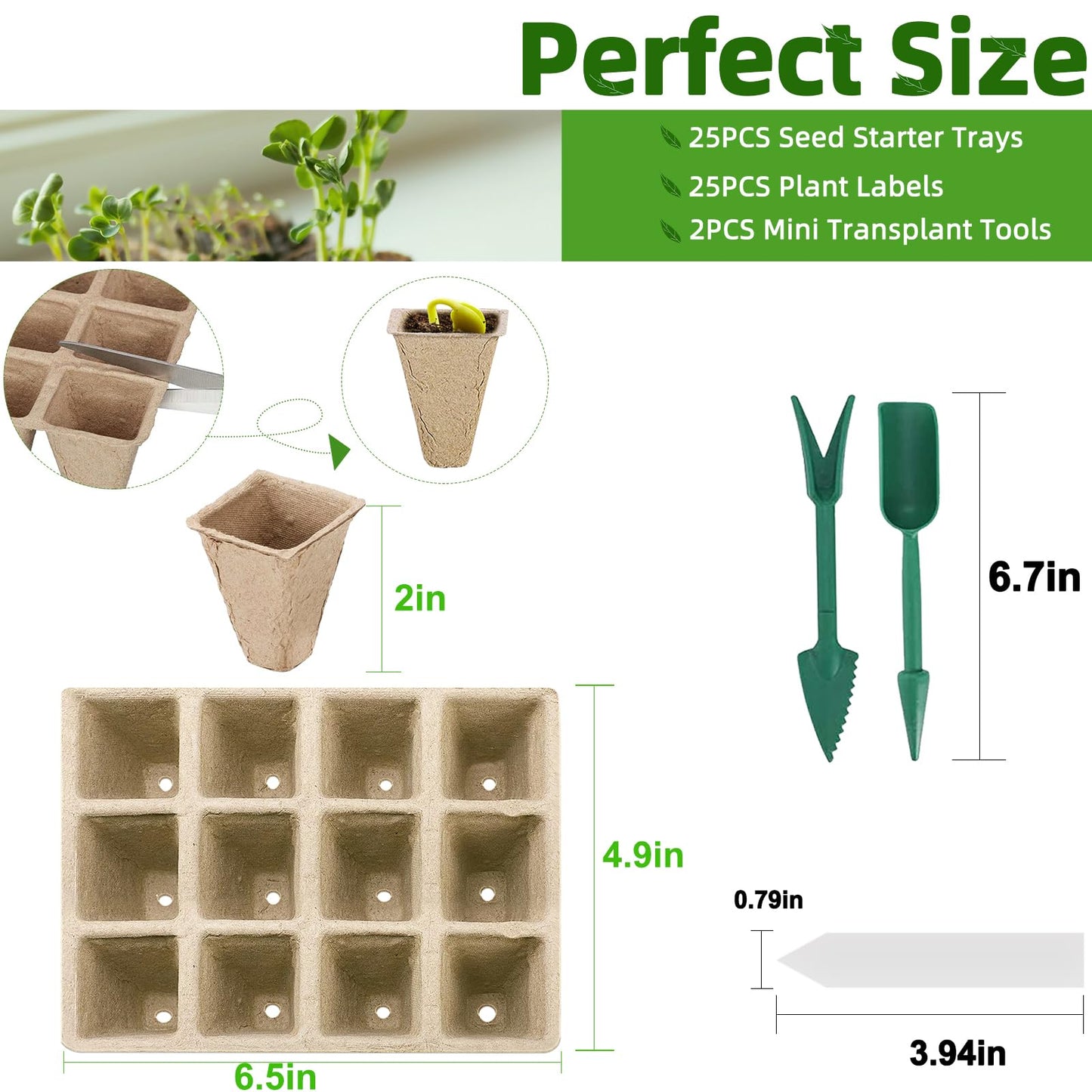 Hosetim Seed Starter Tray - 300 Cells Biodegradable Peat Pots for Seedlings, 25 Packs Garden Germination Seedling Starter Trays with Drain Holes, Organic Seed Starter Kit with Plant Labels(Khaki)