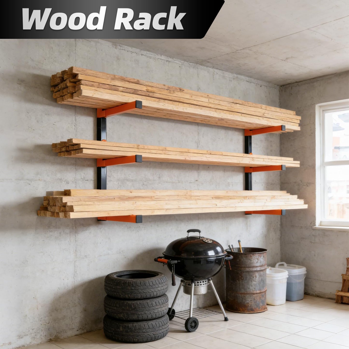 Dometrix Lumber Storage Rack Wall Mounted 2 Pack, Wood Organizer with 3-Level Holds Up to 660LBS, Heavy Duty Folding Metal Garage Organizer for Indoor and Outdoor, Orange