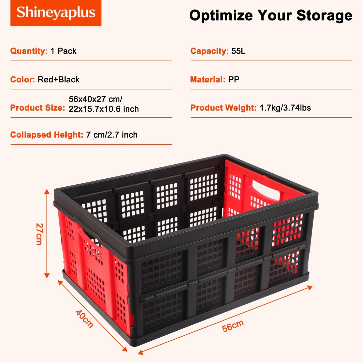 Shineyaplus 55L Collapsible Milk Crate for Storage, Plastic Crates 1 Pack, Collapsible 55lbs Heavy Duty Storage Crates for Home, Camping, Organizing