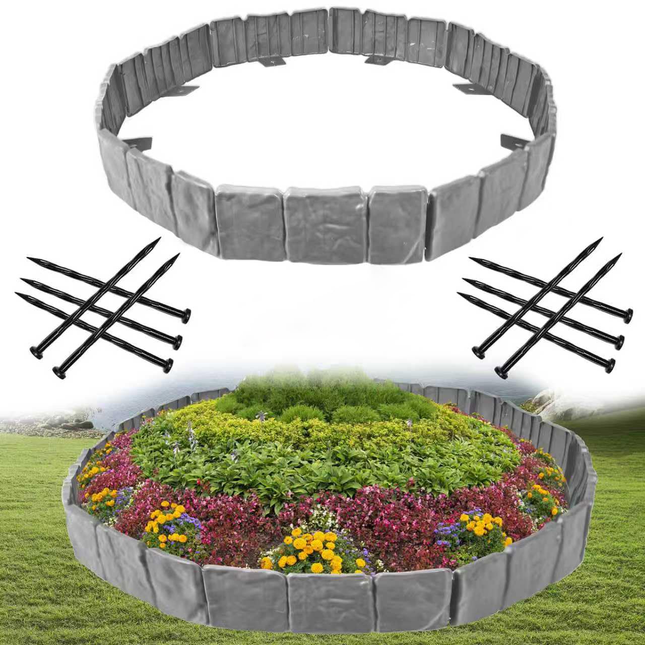KBJALQ Garden Edging Border with Anchoring Spikes,Plastic Landscape Edging Border Imitation Stone Fence for DIY Outdoor Yard Landscaping (20pcs/16 FT, Gray)
