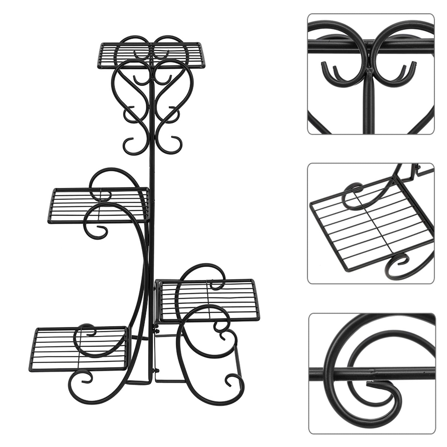 Plant Stand Indoor Outdoor - 4 Tier Corner Shelf Shelves Decoration Display Rack - Metal Wrought Iron Multi Flower Planter Potted Holder Organizer for Living Room Balcony Garden Patio Black