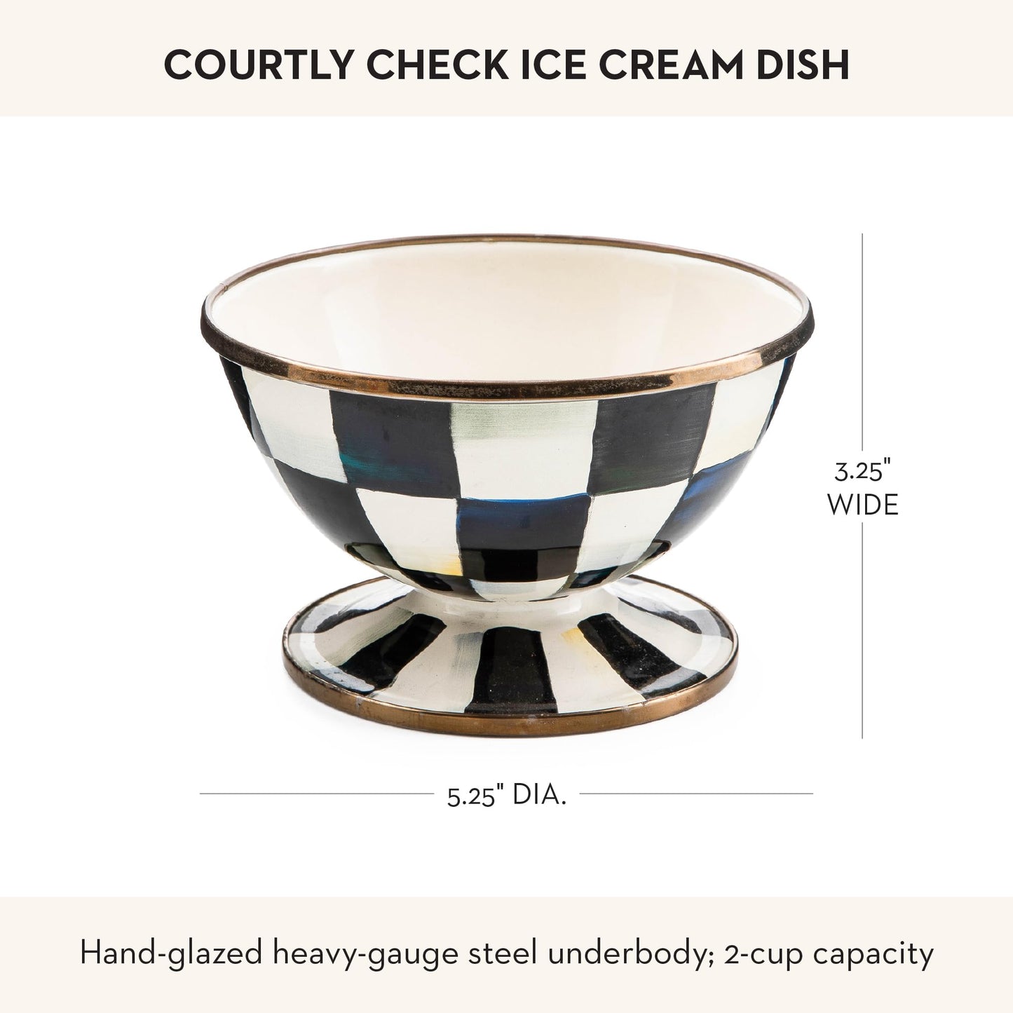 MACKENZIE-CHILDS Enamel Ice Cream Bowl, Serving Bowls for Entertaining, 2-Cup Capacity, Black-and-White Courtly Check