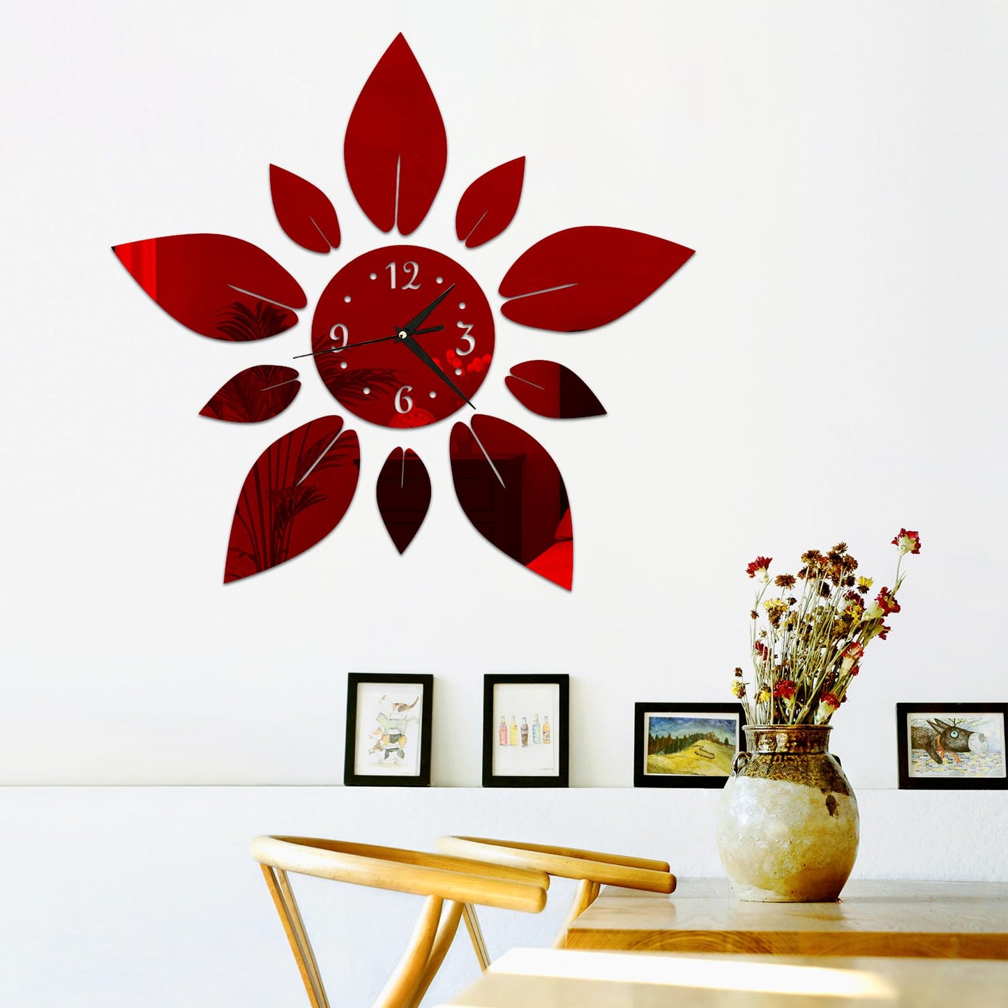 haodeni Modern Flowers Digital 3D Large Wall Clock Mirror Stickers Self-Adhesive Acrylic Crystal Mirror Decals DIY Silent Petal Combo Art Wall Clocks Decoration for Home Apartment Office (Red)