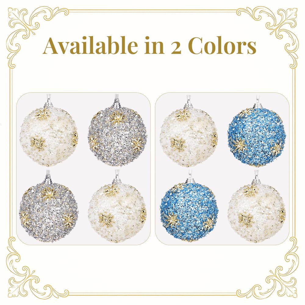 Set of 4 White & Blue Christmas Tree Ornaments, 3.15" Glitter Crushed-Ice Ball Ornaments with Gold Sunburst Accents, Handcrafted Shatterproof Hanging Decorations for Xmas Tree & Holiday Home Decor