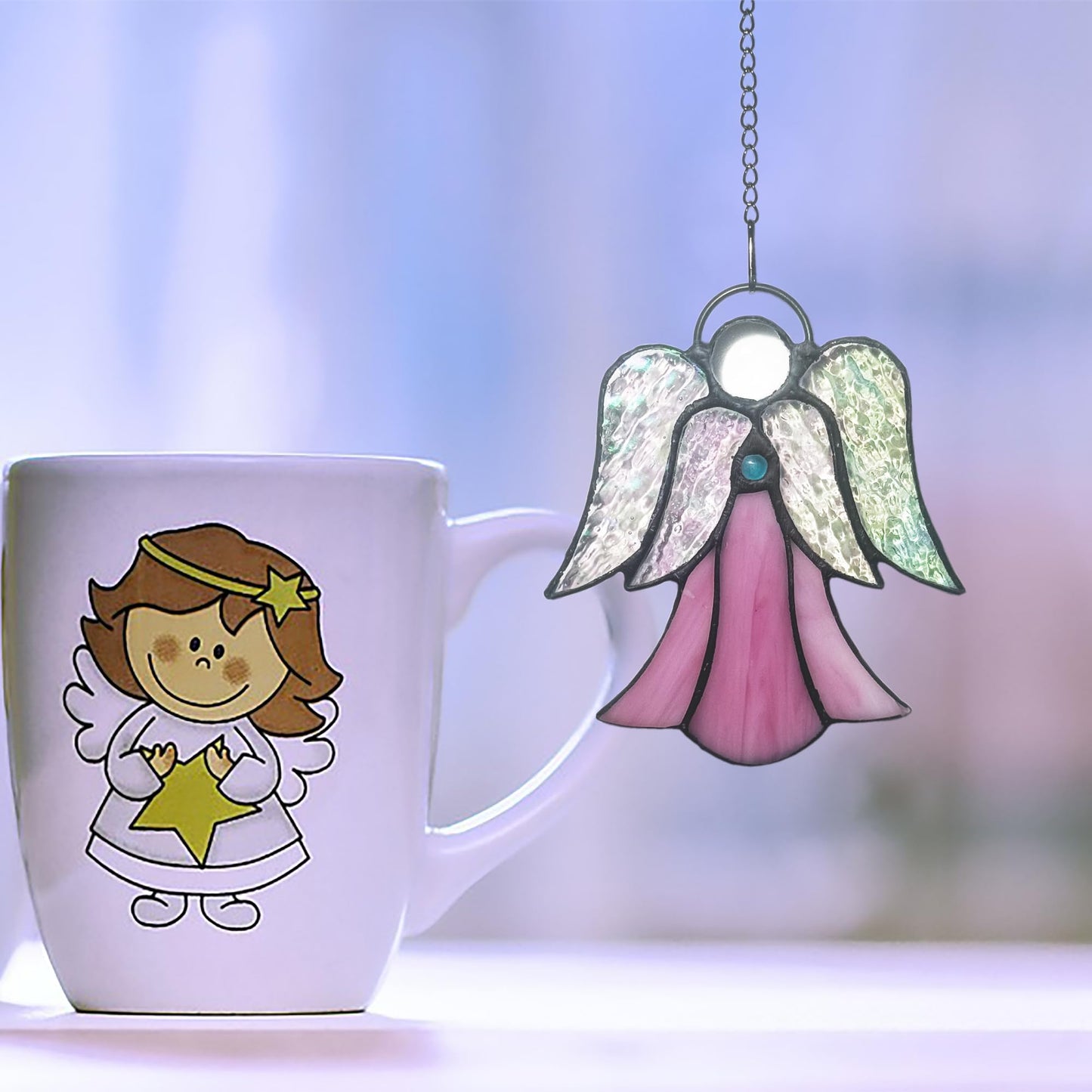 Stained Glass Angel Window Hanging Pink Angel Sun Catcher Handmade Home Ornament Decor Thank You Mother Gifts for Family,Friends,Nurse,Memorial