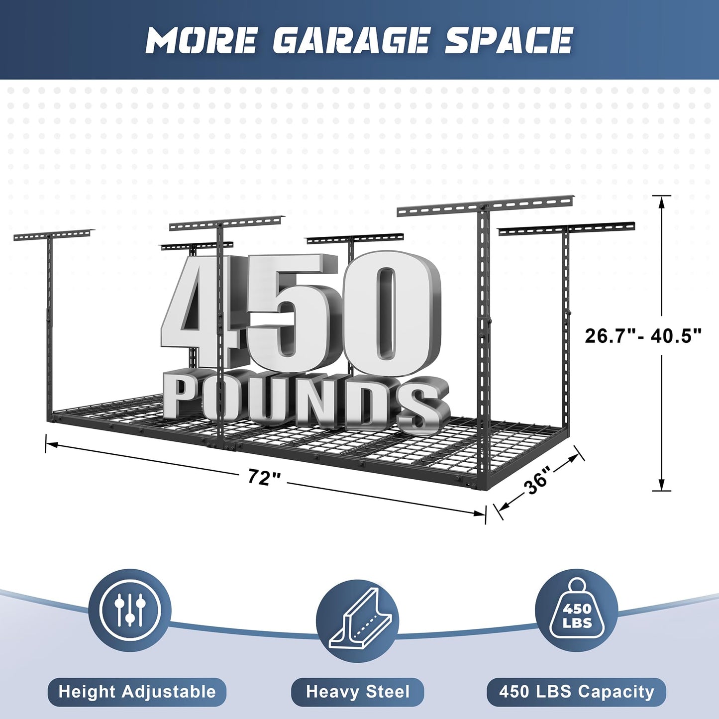 Jusgym 3X6FT Overhead Garage Storage Rack, 26"-40" Height Adjustable Garage Ceiling Storage Racks, Heavy Duty Metal Overhead Storage Organizer System, 450LBS Weight Capacity