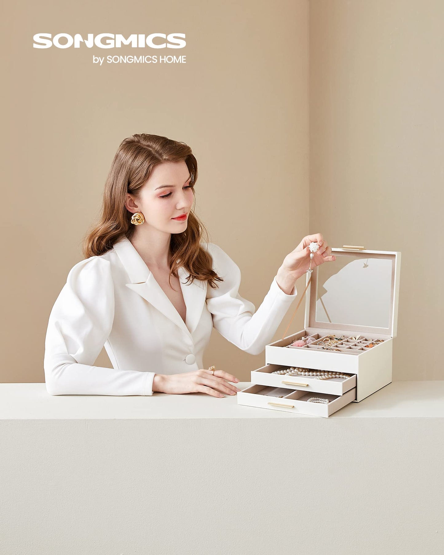 SONGMICS GISELLA Collection - Jewelry Box Organizer, 3-Layer Jewelry Storage with 2 Drawers, Shiny Metal Hardware, Glass Lid, Modern, 8 x 9.1 x 5.3 Inches, Cloud White and Gold Color UJBC239WT